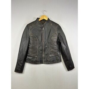 Moto Biker Real Leather Womens Size M Brown Distressed Ribbed Zip Up Jacket